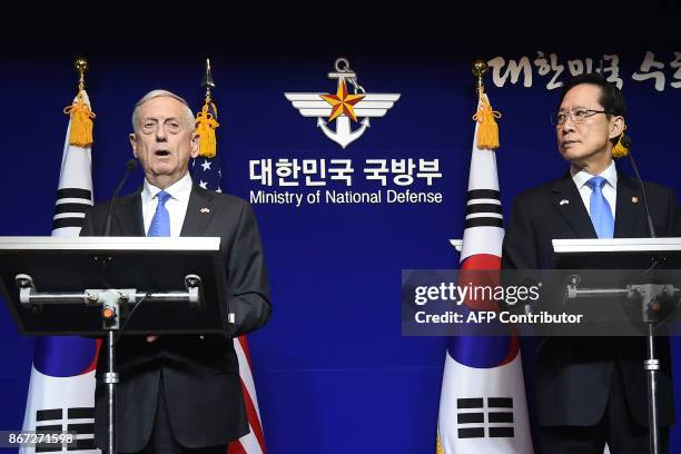 Secretary of Defense Jim Mattis and South Korea's Defence Minister Song Young-Moo hold a joint press conference after the Security Consultative...