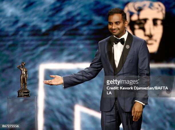Aziz Ansari accepts Charlie Chaplin Britannia Award for Excellence In Comedy presented by Jaguar Land Rover at the 2017 AMD British Academy Britannia...