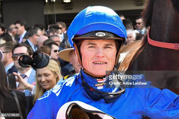 Craig Williams after riding Banish to win the italktravel Fillies Classic at Moonee Valley Racecourse on October 28, 2017 in Moonee Ponds, Australia.