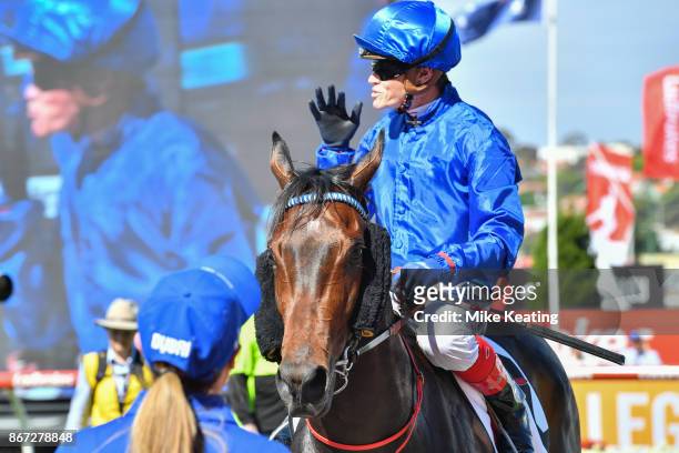 Craig Williams returns to the mounting yard aboard Banish after winning the italktravel Fillies Classic at Moonee Valley Racecourse on October 28,...