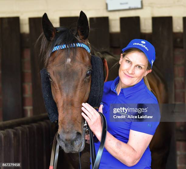 Banish with strapper Linda Wilson after winning the italktravel Fillies Classic at Moonee Valley Racecourse on October 28, 2017 in Moonee Ponds,...