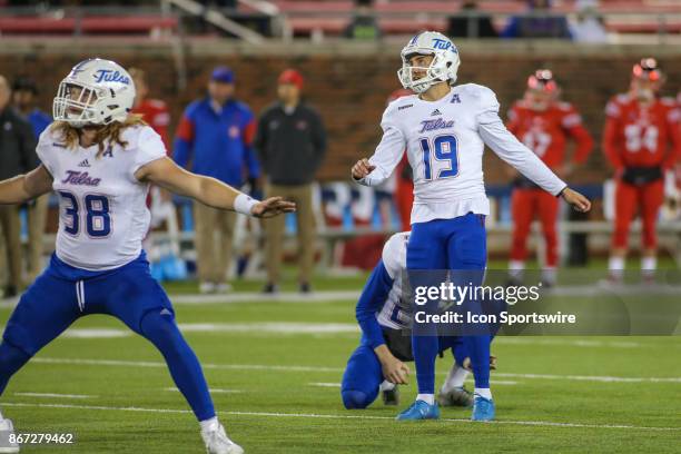 Tulsa Golden Hurricane place kicker Redford Jones kicks a field goal during the game between SMU and Tulsa on October 27 at Gerald J. Ford Stadium in...