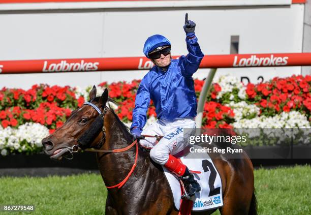 Banish ridden by Craig Williams returns after winning the italktravel Fillies Classic at Moonee Valley Racecourse on October 28, 2017 in Moonee...