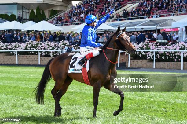 Banish ridden by Craig Williams returns after winning the italktravel Fillies Classic at Moonee Valley Racecourse on October 28, 2017 in Moonee...