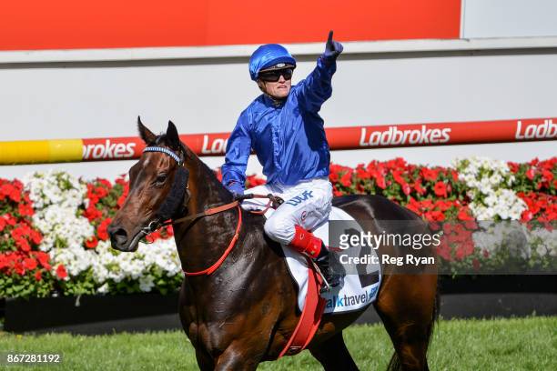 Banish ridden by Craig Williams after winning the italktravel Fillies Classic at Moonee Valley Racecourse on October 28, 2017 in Moonee Ponds,...