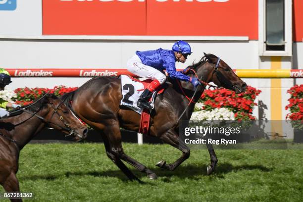 Banish ridden by Craig Williams wins the italktravel Fillies Classic at Moonee Valley Racecourse on October 28, 2017 in Moonee Ponds, Australia.