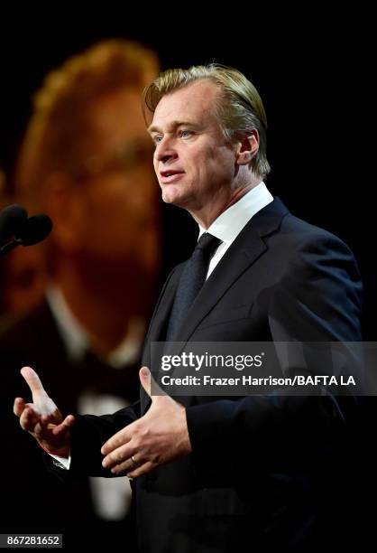 Christopher Nolan speaks onstage at the 2017 AMD British Academy Britannia Awards Presented by American Airlines And Jaguar Land Rover at The Beverly...