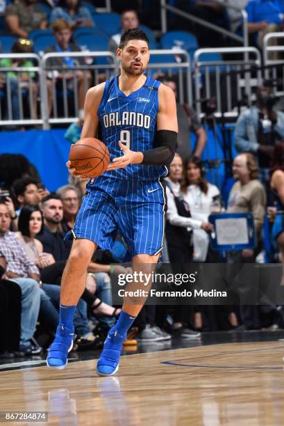 Nikola Vucevic of the Orlando Magic handles the ball against the San Antonio Spurs on October 27, 2017 at Amway Center in Orlando, Florida. NOTE TO...