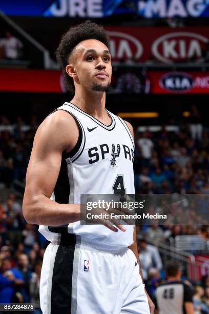 Derrick White of the San Antonio Spurs looks on during the game against the Orlando Magic on October 27, 2017 at Amway Center in Orlando, Florida....