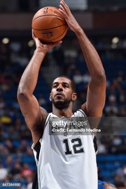 LaMarcus Aldridge of the San Antonio Spurs shoots the ball against the Orlando Magic on October 27, 2017 at Amway Center in Orlando, Florida. NOTE TO...