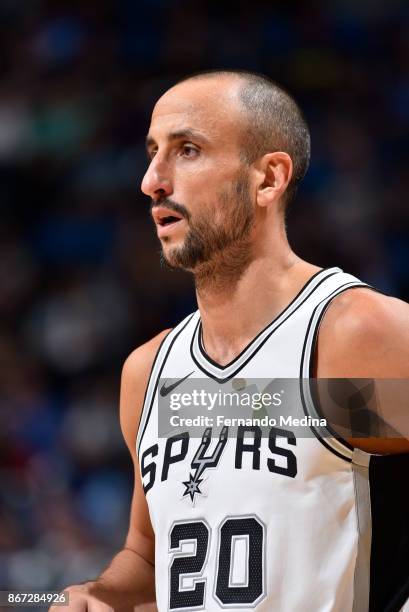 Manu Ginobili of the San Antonio Spurs looks on during the game against the Orlando Magic on October 27, 2017 at Amway Center in Orlando, Florida....