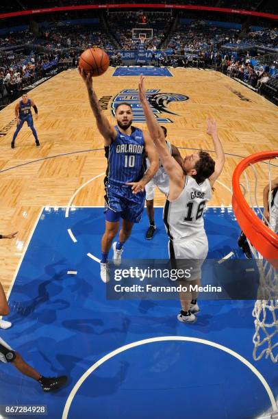 Evan Fournier of the Orlando Magic shoots the ball against the San Antonio Spurs on October 27, 2017 at Amway Center in Orlando, Florida. NOTE TO...