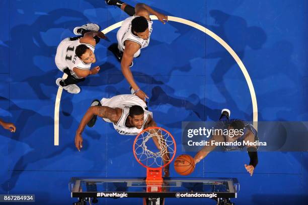 Aaron Gordon of the Orlando Magic drives to the basket against the San Antonio Spurs on October 27, 2017 at Amway Center in Orlando, Florida. NOTE TO...