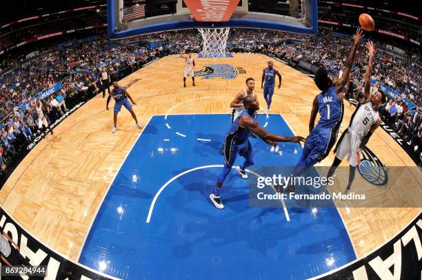 Dejounte Murray of the San Antonio Spurs shoots the ball against the Orlando Magic on October 27, 2017 at Amway Center in Orlando, Florida. NOTE TO...