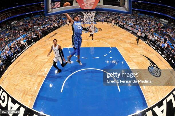 Wesley Iwundu of the Orlando Magic drives to the basket against the San Antonio Spurs on October 27, 2017 at Amway Center in Orlando, Florida. NOTE...