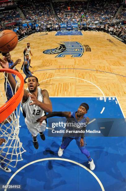 LaMarcus Aldridge of the San Antonio Spurs shoots the ball against the Orlando Magic on October 27, 2017 at Amway Center in Orlando, Florida. NOTE TO...