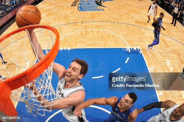 Manu Ginobili of the San Antonio Spurs shoots the ball against the Orlando Magic on October 27, 2017 at Amway Center in Orlando, Florida. NOTE TO...