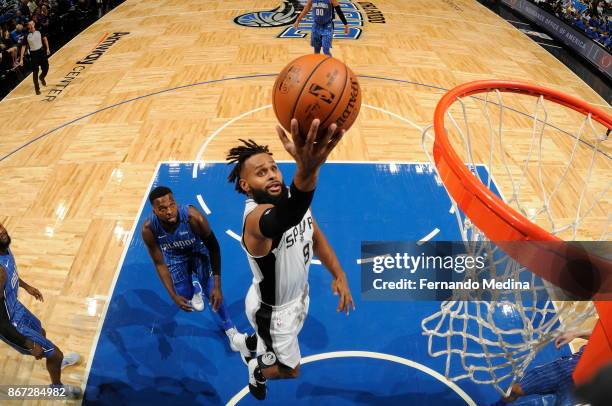 Patty Mills of the San Antonio Spurs drives to the basket Orlando Magic on October 27, 2017 at Amway Center in Orlando, Florida. NOTE TO USER: User...