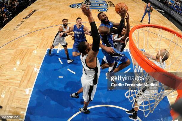 Jonathan Isaac of the Orlando Magic drives to the basket against the San Antonio Spurs on October 27, 2017 at Amway Center in Orlando, Florida. NOTE...