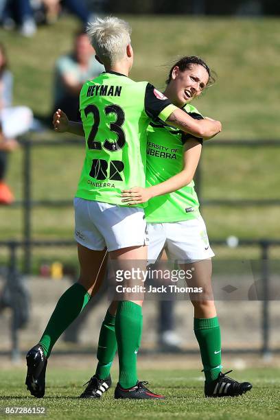 Michelle Heyman of Canberra celebrates a goal during the round one W-League match between Melbourne Victory and Canberra United at Epping Stadium on...