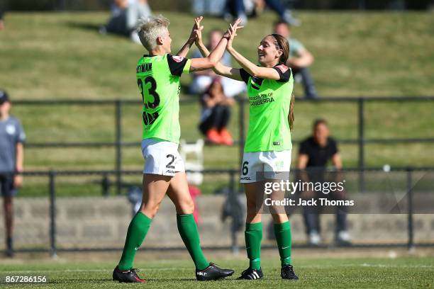 Michelle Heyman of Canberra celebrates a goal during the round one W-League match between Melbourne Victory and Canberra United at Epping Stadium on...