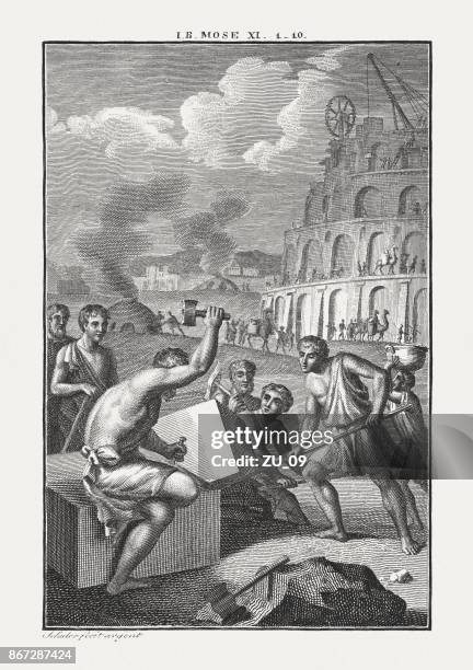 tower of babel (genesis 11), copperplate engraving, published c.1850 - ancient babylon stock illustrations
