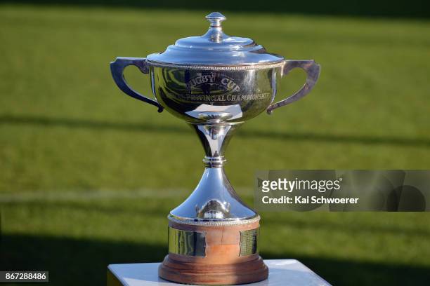 The Rugby Cup is seen prior to the Mitre 10 Cup Premiership Final match between Canterbury and Tasman at AMI Stadium on October 28, 2017 in...