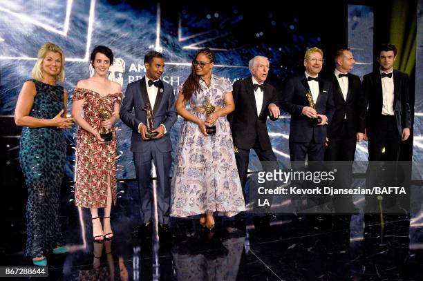 Honorees pose with their awards and BAFTA Executives, CEO of BAFTA Los Angeles Chantal Rickards, Claire Foy with Britannia Award for British Artist...