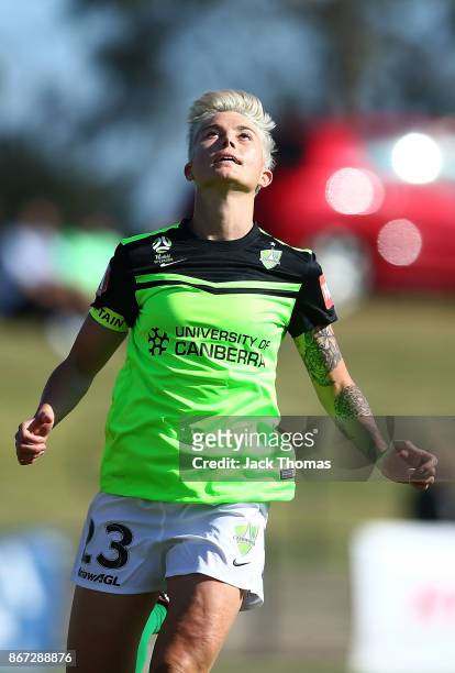Michelle Heyman of Canberra reacts to missing a goal in the first half during the round one W-League match between Melbourne Victory and Canberra...