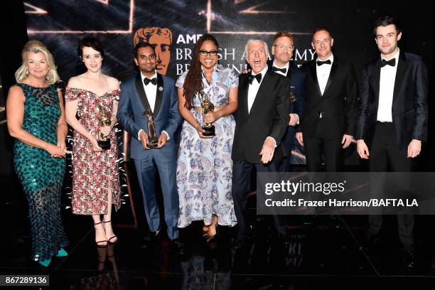 Honorees pose with their awards and BAFTA Executives, CEO of BAFTA Los Angeles Chantal Rickards, Claire Foy with Britannia Award for British Artist...