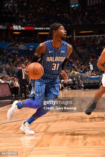 Terrence Ross of the Orlando Magic handles the ball against the San Antonio Spurs on October 27, 2017 at Amway Center in Orlando, Florida. NOTE TO...