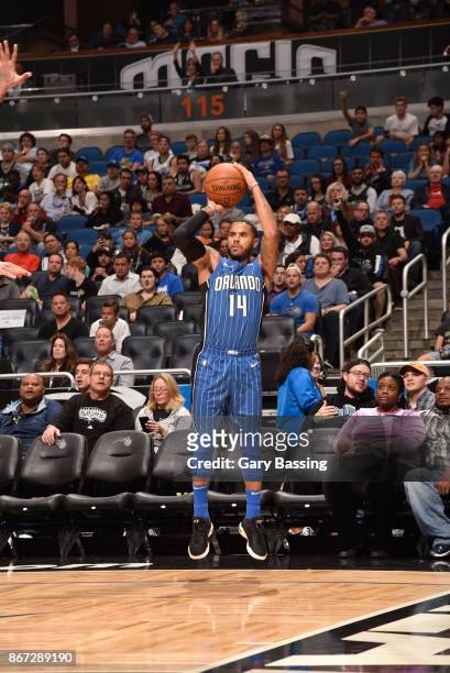 Augustin of the Orlando Magic shoots the ball against the San Antonio Spurs on October 27, 2017 at Amway Center in Orlando, Florida. NOTE TO USER:...