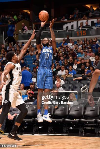 Jonathon Simmons of the Orlando Magic shoots the ball against the San Antonio Spurs on October 27, 2017 at Amway Center in Orlando, Florida. NOTE TO...