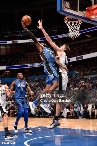 Jonathon Simmons of the Orlando Magic shoots the ball against the San Antonio Spurs on October 27, 2017 at Amway Center in Orlando, Florida. NOTE TO...