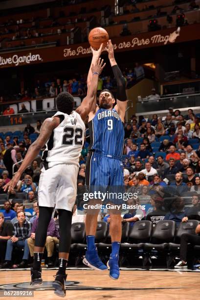 Nikola Vucevic of the Orlando Magic shoots the ball against the San Antonio Spurs on October 27, 2017 at Amway Center in Orlando, Florida. NOTE TO...