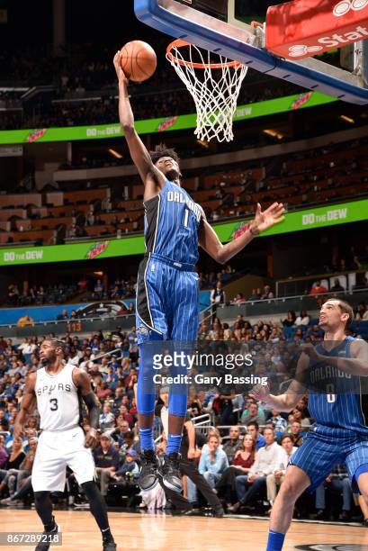 Jonathan Isaac of the Orlando Magic shoots the ball against the San Antonio Spurs on October 27, 2017 at Amway Center in Orlando, Florida. NOTE TO...
