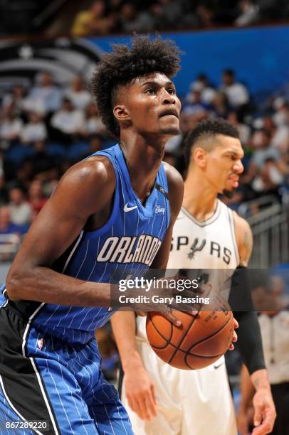 Jonathan Isaac of the Orlando Magic shoots the ball against the San Antonio Spurs on October 27, 2017 at Amway Center in Orlando, Florida. NOTE TO...