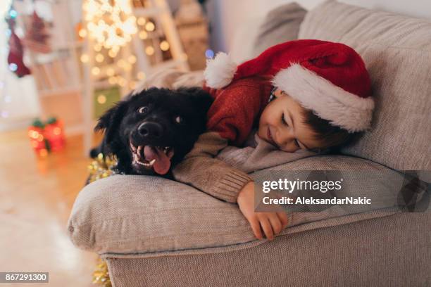 santa claus y su mascota - christmas dog fotografías e imágenes de stock