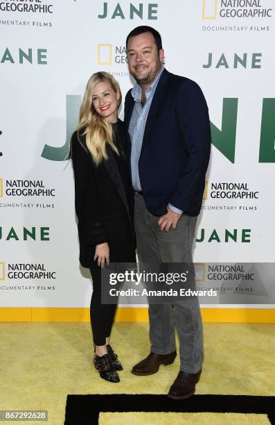 Actress Beth Behrs and actor Michael Gladis arrive at the premiere of National Geographic Documentary Films' "Jane" at the Hollywood Bowl on October...