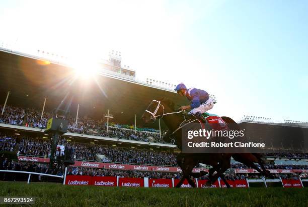 Hugh Bowman riding Winx, wins race nine the Ladbrokes Cox Plate during Cox Plate Day at Moonee Valley Racecourse on October 28, 2017 in Melbourne,...
