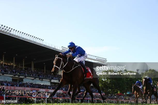 Hugh Bowman riding Winx, wins race nine the Ladbrokes Cox Plate during Cox Plate Day at Moonee Valley Racecourse on October 28, 2017 in Melbourne,...