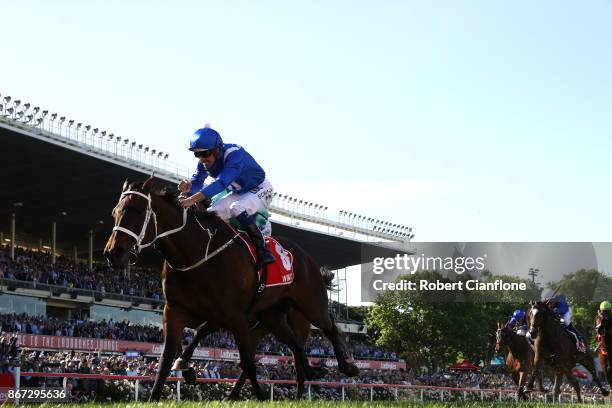 Hugh Bowman riding Winx, wins race nine the Ladbrokes Cox Plate during Cox Plate Day at Moonee Valley Racecourse on October 28, 2017 in Melbourne,...