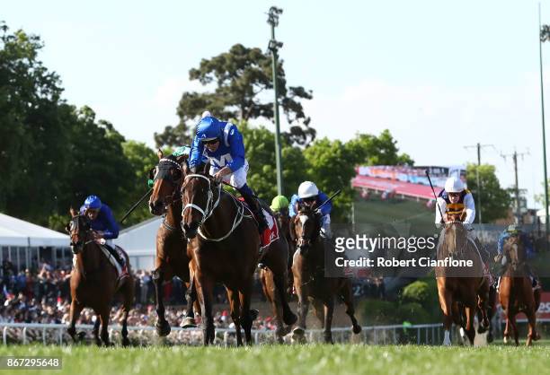Hugh Bowman rides Winx on his way to victory race nine the Ladbrokes Cox Plate during Cox Plate Day at Moonee Valley Racecourse on October 28, 2017...