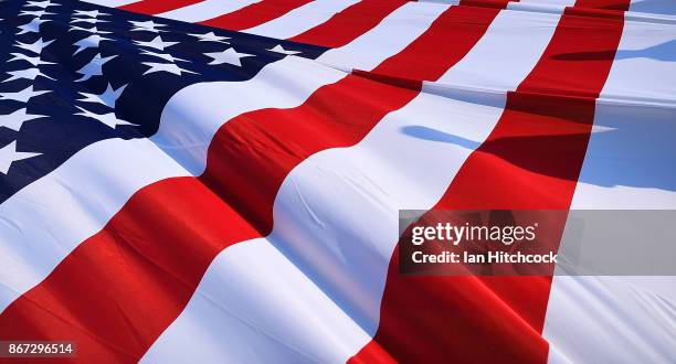 Large American flag is seen on display before the start of the 2017 Rugby League World Cup match between Fiji and the United States on October 28,...