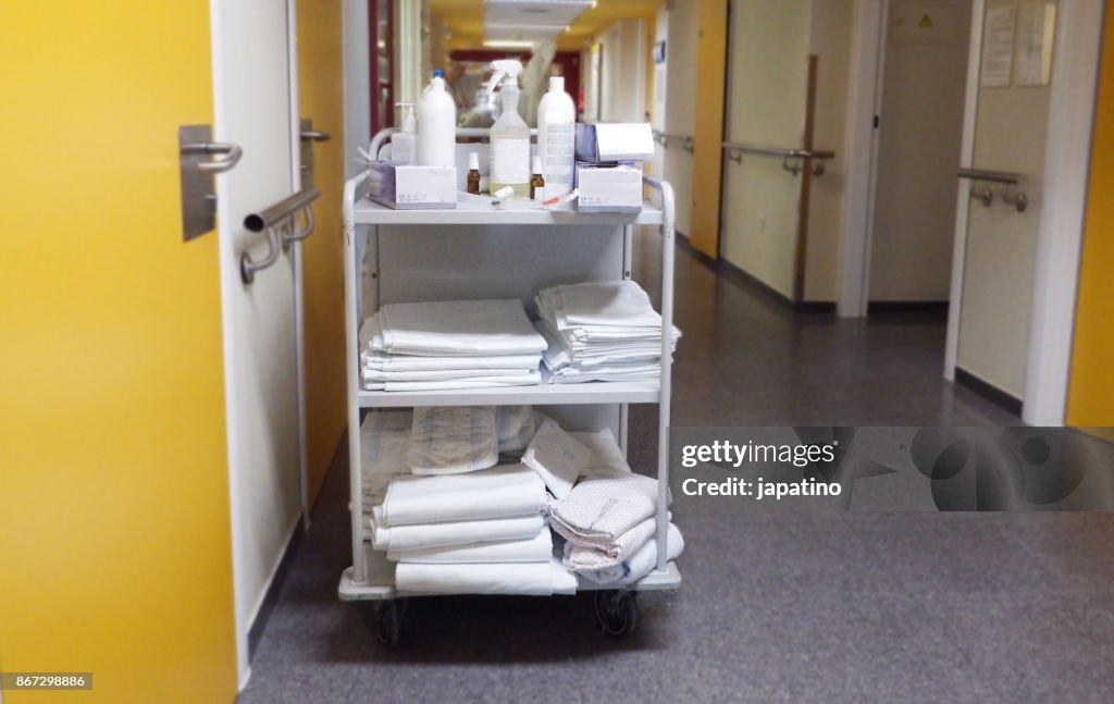 Cart with medical equipment and hygiene in a hospital corridor