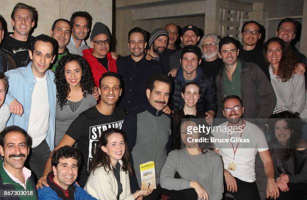 Lin Manuel Miranda and Jonathan Groff pose backstage with Tony Shalhoub and the cast of the new hit musical "The Band's Visit" on Broadway at The...