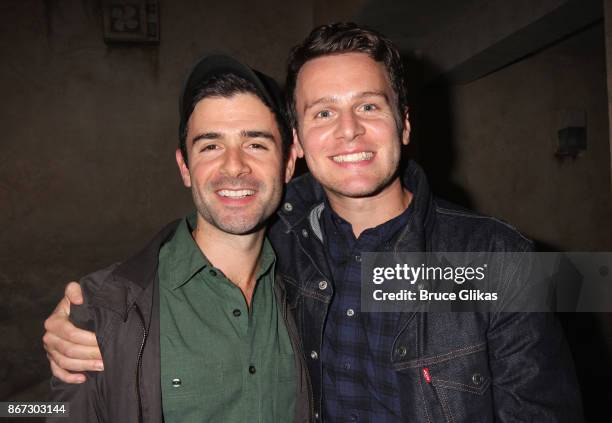 Adam Kantor and Jonathan Groff pose backstage at the new hit musical "The Band's Visit" on Broadway at The Ethel Barrymore Theatre on October 27,...