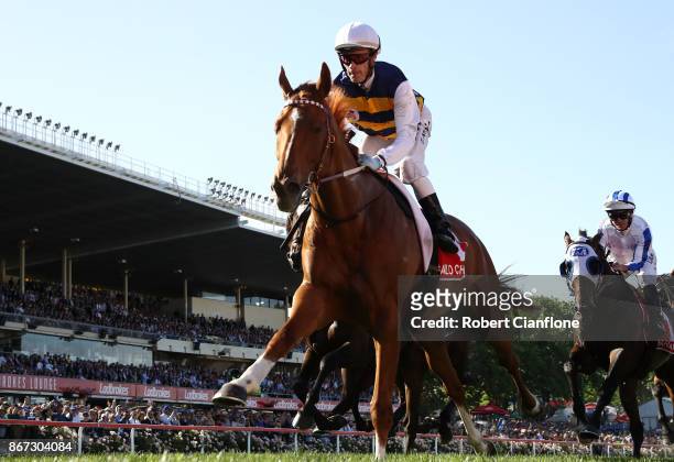 Mark Zahra rides Gailo Chop in race ten the Ladbrokes Cox Plate at Moonee Valley Racecourse on October 28, 2017 in Melbourne, Australia.