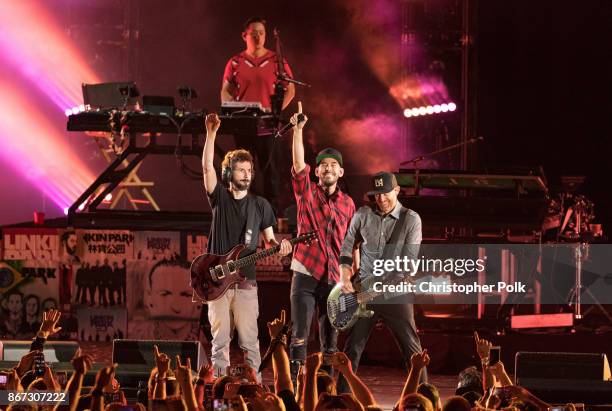 Musicians from Linkin Park; Brad Delsen, Mike Shinoda, Joe Hahn and Dave Farrell perform during the "Linkin Park And Friends Celebrate Life In Honor...