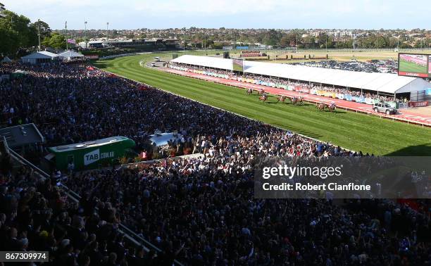 Hugh Bowman rides Winx on his way to victory race nine the Ladbrokes Cox Plate during Cox Plate Day at Moonee Valley Racecourse on October 28, 2017...